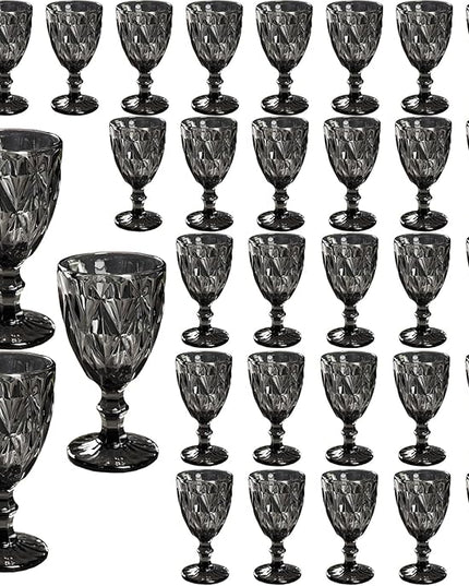 32 Pack Vintage Wine Glasses, Plastic Reusable 12 Ounce Colored Water Goblets, Unique Embossed Pattern Unbreakable Stemmed Wine Glasses, High Clear Wedding Party Bar Drinking Cups Black