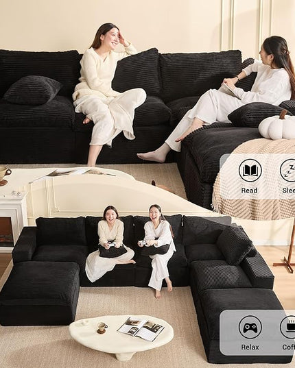 137.8” Sectional Couches for Living Room, Cloud Couch, Modular Sectional Sofa, Convertible Sofas Bed, Deep Seat Sofa, Sleeper Sofa Full Size, Corduroy, Black