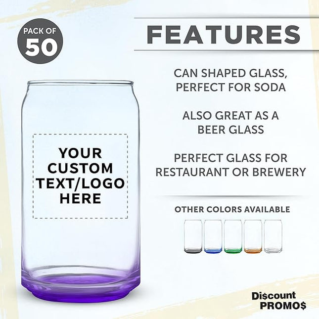 Custom Beer Can Glasses Set of 50, 16 oz. Pint Sized, Promotional Text, Logo, Soda Can Shape, Glassware, Purple