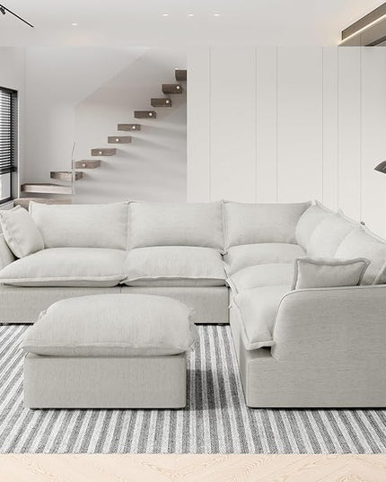 V Shape Cloud Sectional Sofa,6 Seaters Comfy Modular Couch with Movable Ottoman,Deep Seater Couches,Down Fill Sofa for Living Room,Detachable Couch Covers,Corner Sofa for Home,Linen,Grey