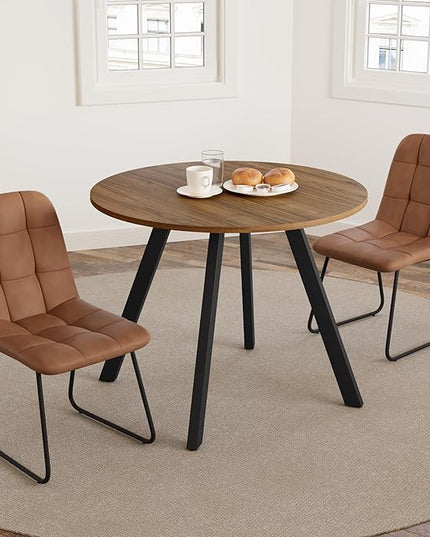 34.6'' Dining Table and Chairs for 2, Mid Century Modern Round Table Set, Space Saving for Apartment Kitchen Dining Room (Walnut Table+2 U-Shaped Brown Chairs)