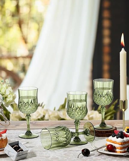 XUWAIDSGN 7oz Plastic Vintage Wine Glasses Drinking Glasses Unbreakable Wedding Glassware Crystal Water Goblets Reusable Drinkware Vintage Champagne Flutes (100, Dark Green)