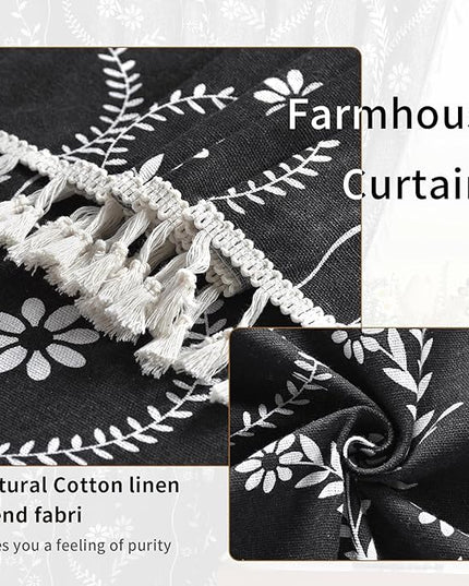 Black Boho Curtains 96 Inch Length Linen Curtains for Living Room 2 Panels, Vintage Farmhouse Printed Floral Rustic Drapes