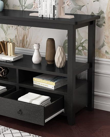 Karl home Console Table with 3 Bottom Drawers, 57.9" W Sofa Side Table Entryway Desk with 3 Storage Cubbies 1 Open Shelf, Vintage TV Stand for Hallway Living Room Office, Black 29.9" H