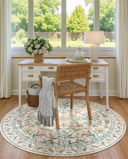 Wonnitar Round Washable Rug, Soft Floral Round Rugs 5ft Circle Carpets for Bedroom Ultra-Thin, Boho Beige Print Distressed Circular Carpet for Living Room Dorm Bedside