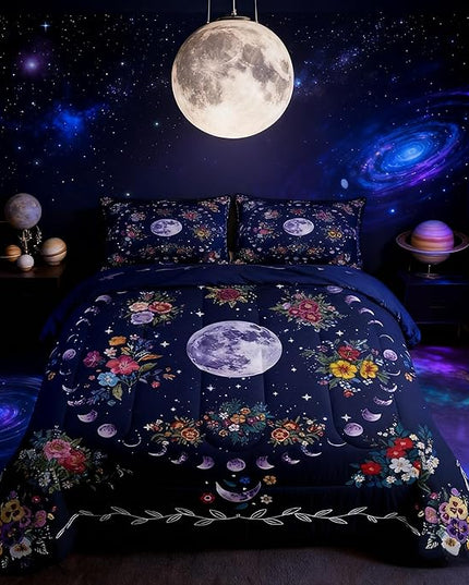 Sun and Moon Kids Comforter Set Queen Size,Starry Sky Galaxy Trippy Bedding Set,Boys Girls Adults Room Decor,Flowers Boho Exotic Retro Down Comforter,Colorful Mystical Duvet Insert,2 Pillowcases