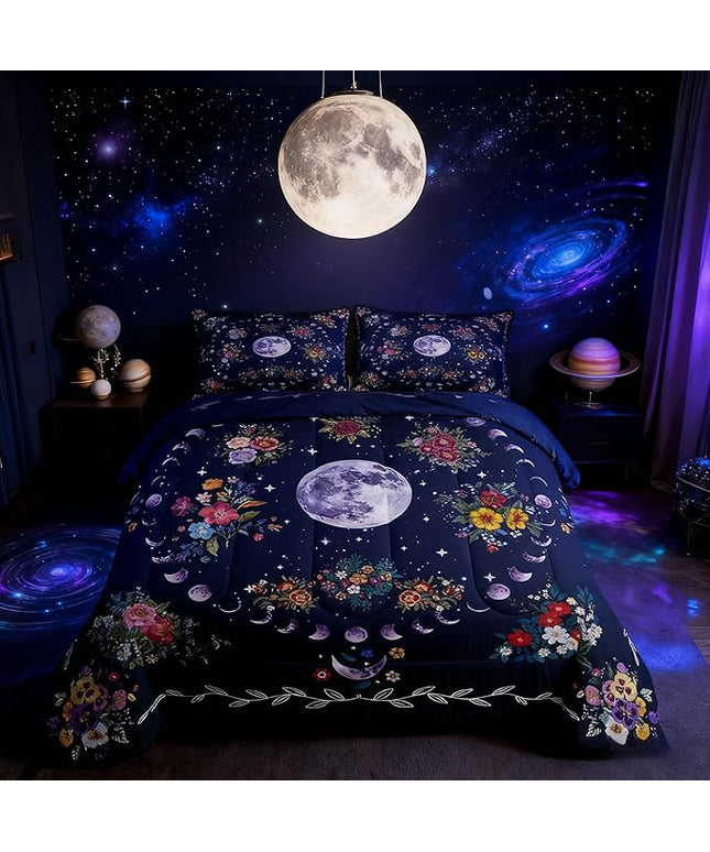 Sun and Moon Kids Comforter Set Twin Size,Starry Sky Galaxy Trippy Bedding Set,Boys Girls Adults Room Decor,Flowers Boho Exotic Retro Down Comforter,Colorful Mystical Duvet Insert,1 Pillowcase