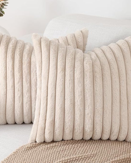 Pallene Faux Fur Plush Throw Pillow Covers 26x26 Set of 2, Luxury Soft Fluffy Striped Decorative Pillow Covers for Sofa, Couch, Living Room, Apricot
