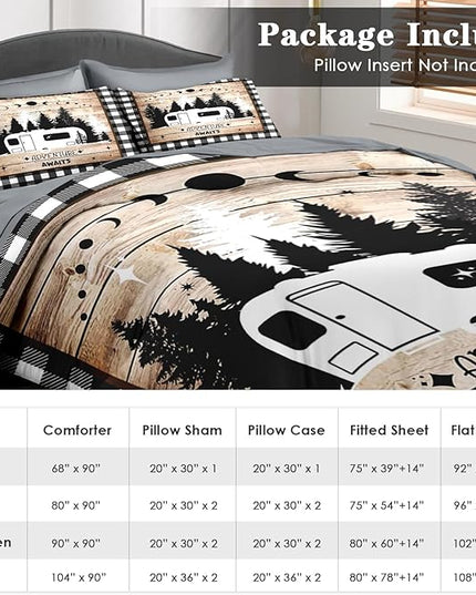 Comforter Set Queen Size, Camper Rv Camping 7 Pcs Bedding for Kids and Adults, Car Bed Sheet Sets with Fitted Sheet 2 Pillowcases & 2 Shams for Bedroom Bed Decor