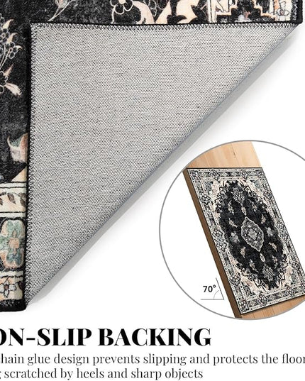 MUJOO Black Rug 3'x5' Washable, Boho Area Rugs for Entryway Bedroom Living Room Kitchen,Small Vintage Bohemian Distressed Farmhouse Non Slip Carpet,Floral