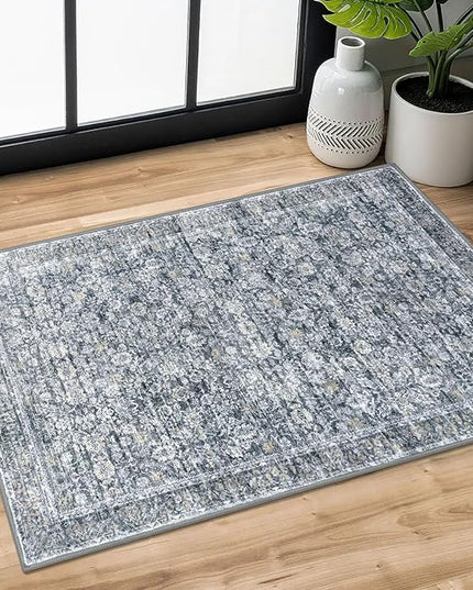2x3 Washable Rug Soft Area Rug for Entryway, Grey Brown Non-Slip Indoor Door Mat Distressed Floral Low-Pile Kitchen Rugs, Neutral Vintage Carpet for Entrance Kitchen Bedside Farmhouse