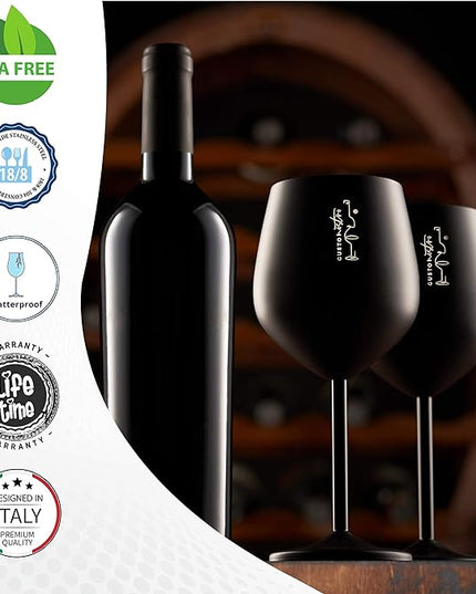 Gusto Nostro Stainless Steel Wine Glass - 18 oz - Unbreakable Black Wine Glasses for Travel, Camping and Pool - Fancy, Unique and Cool Portable Metal Wine Glass for Outdoor Events, Picnics (Set of 2)