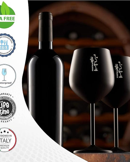 Gusto Nostro Stainless Steel Wine Glass - 18 oz - Unbreakable Black Wine Glasses for Travel, Camping and Pool - Fancy, Unique and Cool Portable Metal Wine Glass for Outdoor Events, Picnics (Set of 4)