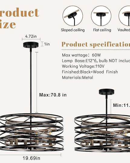 Farmhouse Chandeliers for Dining Room, 5-Light Spiral Drum Large Pendant Lights Rustic Black Chandelier 19.7" Wood Grain Dining Room Light Fixture Metal Chandelier for Foyer Entryway Kitchen Bedroom