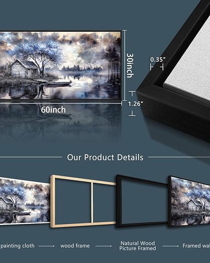 ERQINHUA Large Wall Decor For Living Room Canvas Wall Art For Office Bedroom Blue Tree Lakeside Landscape Painting Black Frame Artwork Pictures Modern Beach Posters Ready To Hang Home Decor 30"x60"