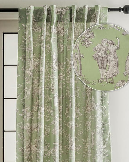 Maison d' Hermine Curtains for Living Room 100% Cotton 124 inch Length One Panel Light Filtering Toile Curtains for Bedroom Windows with Rod and Loop Pockets Drapes (Joli Jouy Green, 50" W x 124" L)