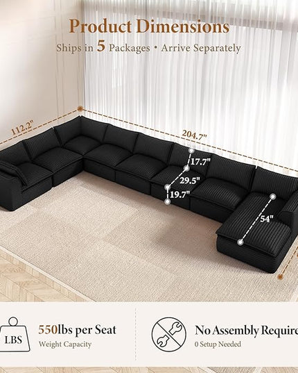 Vesgantti 204.7" Oversized Sectional Boneless Couch, Modern 9 Seater Modular Sofa with Chaise, Deep Seat Convertible Plush Corduroy Cloud Couches for Living Room, No Assembly Required, Black