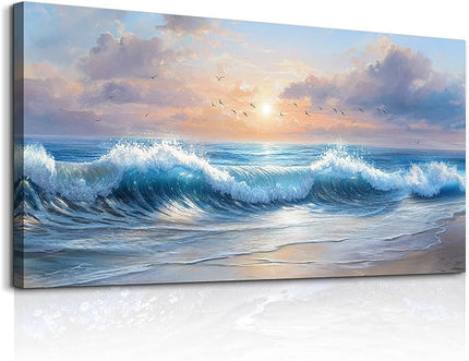 XIGUANGART Blue Ocean Paintings Canvas Prints Wall Art for Living Room Large Wall Decor for Bedroom Modern Minimalist Artwork Beach Sunrise Sea Wave Nature Pictures Office and Bathroom Home Decor