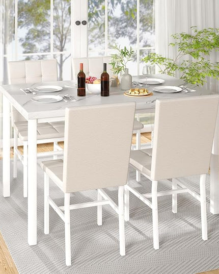 Hooseng Dining Room Table Set 5 Piece Dining Table Set Marble Dining Table 4 Chair Dining Table Set for Kitchen Living Room Breakfast Small Spaces (White)