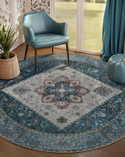 Ciicool Boho 5x5ft Round Area Rug Washable Bedroom Rug Non-Slip Oriental Entryway Throw Rug Low-Pile Indoor Circle Carpet for Dining Room