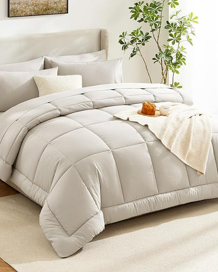 CozyLux Full Size Comforter Sets Beige, 7 Pieces Bed in a Bag, Beige Comforter Full Size, All Season Bedding Sets with Stitch Quilted Comforter, Flat Sheet, Fitted Sheet, Pillowcases