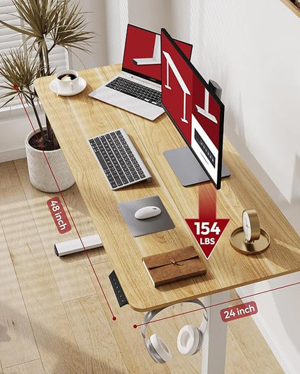 SANODESK Electric Standing Desk 48x24 Inch Height Adjustable Stand Up Desk Home Office Computer Workstation Sit Stand Home Office Desk with Splice Board (White Frame + Maple Top)