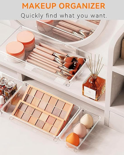 8-Pack Clear Plastic Drawer Organizer Trays – Large Dividers for Kitchen Gadgets, Bathroom Storage, Makeup & Vanity Accessories – Multi-Use Home Essentials for Organized Living