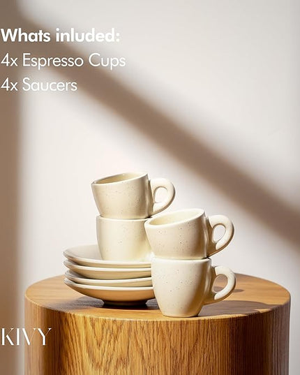 KIVY 3 oz Espresso cups set of 4 - Thick walled stoneware espresso cup set - Italian style espresso cups and saucers - Demitasse cups set of 4 - Coffee mugs - Demitasse cups and saucers sets