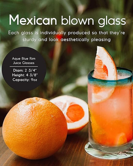 Aqua Blue Rim 9 oz Juice Glasses (set of 6) Mexican Handmade Glassware, Recycled Glass, Lead-free, Toxin-Free (Juice)