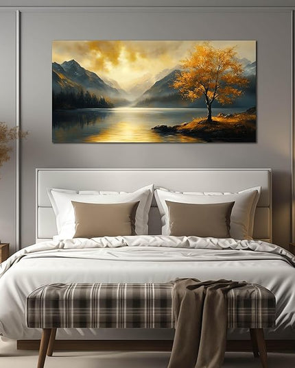 Ouzzlie Lake Wall Art Landscape Wall Decor Yellow Tree Canvas Art for Living Room Office Bedroom Sunshine Forest Large Picture 29" x 59"