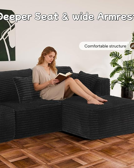 132" U Shaped Boneless Couch, Cloud Sectional Modular Sofa with Double Chaise Lounge, Flannel Cloud Couch with Pillows & Deep Seat, Boneless Sofa for Living Room, Flannel Black