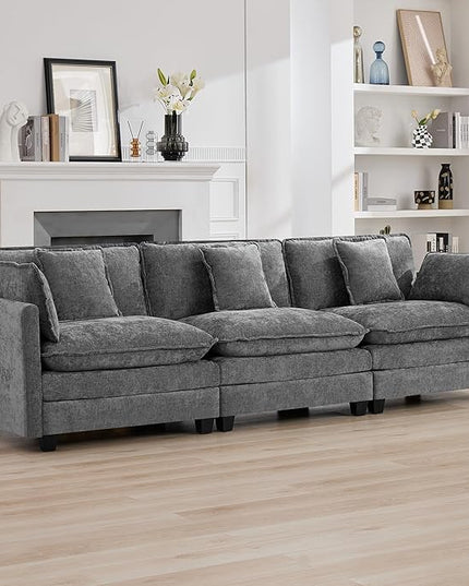 111'' Sectional Cloud Deep Seat Couch, Modern Comfy Chenille Modular Sectional Sofa for Living Room Set, Upholstered Modular 3-Seats Sofa Couch, Grey