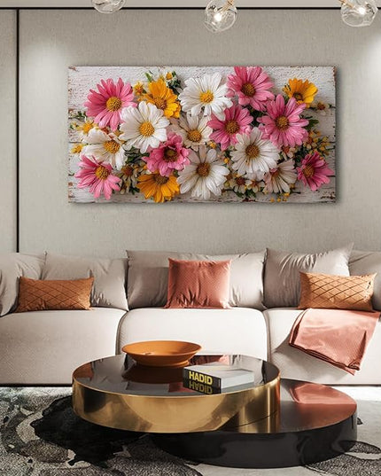 KZKU Rustic Daisy Canvas Wall Art-Large Floral Print on Weathered Blue Wood Background- Modern Farmhouse Decor for Living Room Bedroom20X40in