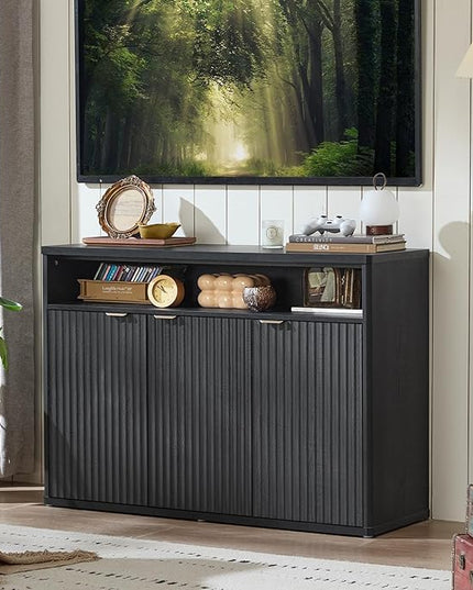 LEYAOYAO Fluted Buffet Cabinet with Storage, 45" Wide Wood Sideboard Credenza with 3 Doors & Open Storage Shelf, Modern Kitchen Console Accent Cabinets, Coffee Bar Table for Dining Room, Black Oak