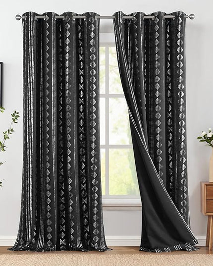jinchan 95% Blackout Boho Curtains 96 Inches Long for Christmas Bedroom Living Room Decor Festive Xmas Silver Geometric Foil Printed Curtain Grommet Top Room Darkening Drapes Off White 2 Panels