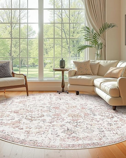 jinchan Kalen Round Rug 8ft Area Rug Washable Vintage Indoor Retro Accent Floor Cover Distressed Floral 8' Round Circle Boho Non Slip Thin Carpet for Living Room Dining Room Bedroom Kitchen Red