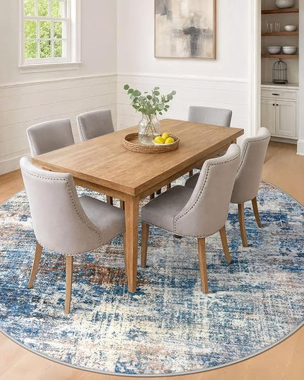IOHOUZE Abstract Round Area Rug 8 Ft Washable Circle Rugs Large Round Rug Non Slip Thin Soft Circle Rugs, Printed Faux Wool Floor Carpet for Bedroom Living Room Dining Room Nursery, Blue Rust