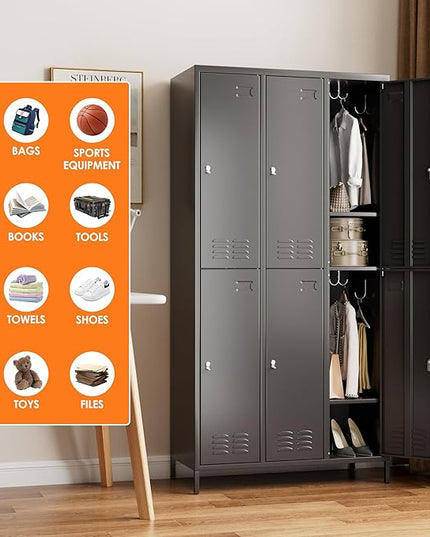 Aobabo Upgrade Metal Storage Locker for Employees, 6 Doors Steel Storage Locker with 18 Hooks for Office Gym School, Industrial Storage with 6 Shelves, Assembly Required, Black