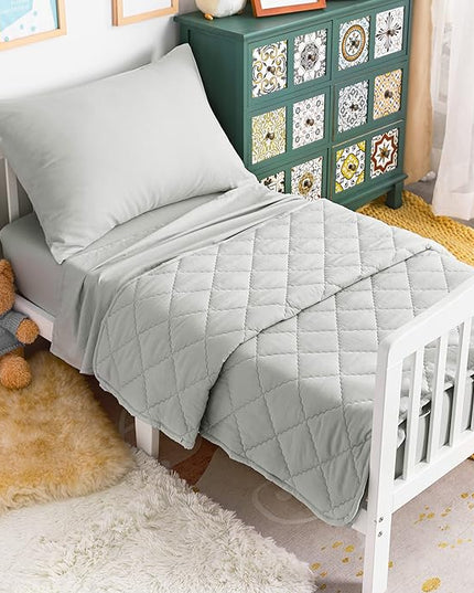 NTBAY Toddler Bedding Set - 4 Piece Soft and Breathable Crib Bedding Set for Boys and Girls, Includes Quilted Comforter, Fitted Sheet, Flat Top Sheet and Envelope Pillowcase, Light Grey