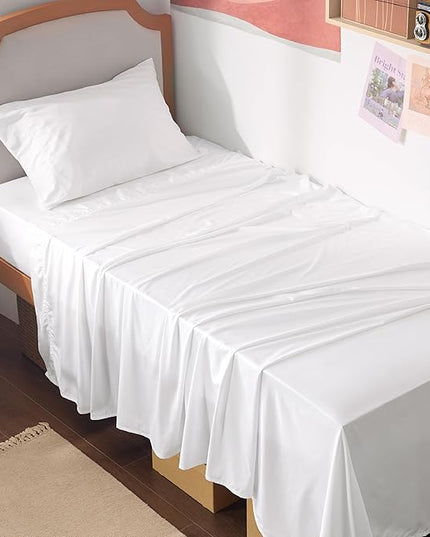 Bedsure Cooling Sheets Twin XL, Rayon Derived from Bamboo, Breathable & Soft Twin XL Sheet Sets, Deep Pocket Up to 16 Inches, Hotel Luxury Silky Dorm Bedding for Hot Sleepers, White