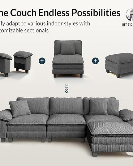 HERA'S HOUSE 54" Modular Sectional Sofa Couches for Living Room, Comfy Cloud Couch 1-Seater Deep Seat Sofa with Throw Pillow, Corduroy Grey