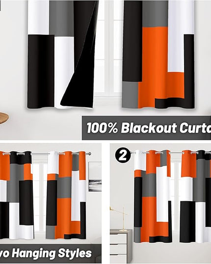 Orange 100% Blackout Curtains 45 inch Length 2 Panels Set White Grey Modern Abstract Geometric Drapes for Kitchen Black Out Curtains Insulated Room Darkening Small Window Curtains, 42Wx45L