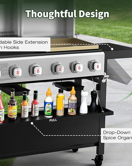 Brand-Man Griddle Grill Combo 6-Burner, 2 in 1 Versatile Propane Gas Grill and Griddle with Double Stainless Steel Lids, BBQ Combo for Outdoor Kitchen & Backyard Barbecue Cooking