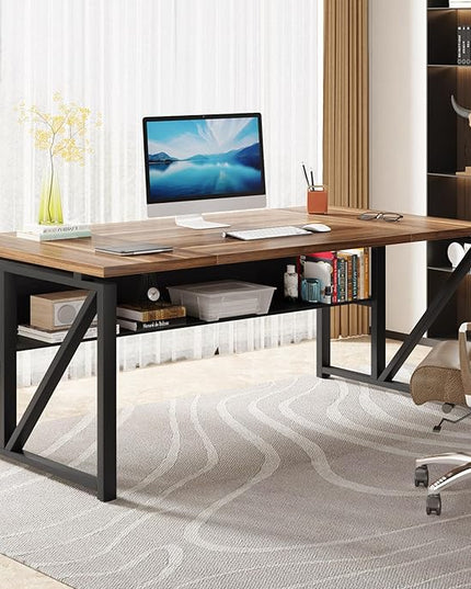 Tribesigns 63 inches Computer Desk with Bottom Storage Shelf Home Office Desk Writing Table for Workstation, Dark Walnut + Steel Leg, Cabinet not Included (Walnul, 63-inch-with Shelf)