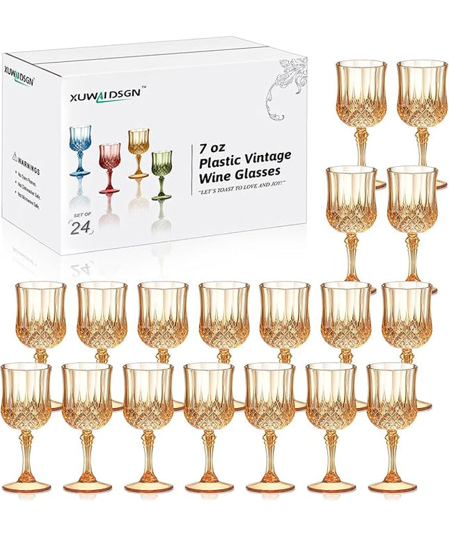 XUWAIDSGN 24 Pcs 7oz Plastic Vintage Wine Glasses Drinking Glasses Unbreakable Wedding Glassware Crystal Water Goblets Reusable Drinkware Vintage Champagne Flutes (24, Amber)