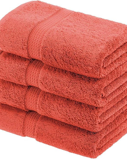 Superior Egyptian Cotton Pile Hand Towel Set of 4, Ultra Soft Luxury Towels, Thick Plush Essentials, Absorbent Heavyweight, Guest Bath, Hotel, Spa, Home Bathroom, Shower Basics, Coral