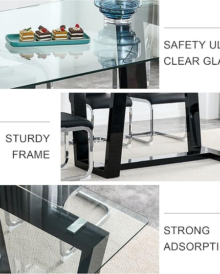 Ebullient Glass Dining Table Set for 4, Modern Dining Table Set for 4, Tempered Glass Tabletop with Black MDF Trapezoid Legs, Rectangle Kitchen Table with 4 Faux Leather Chairs for Home, Apartment