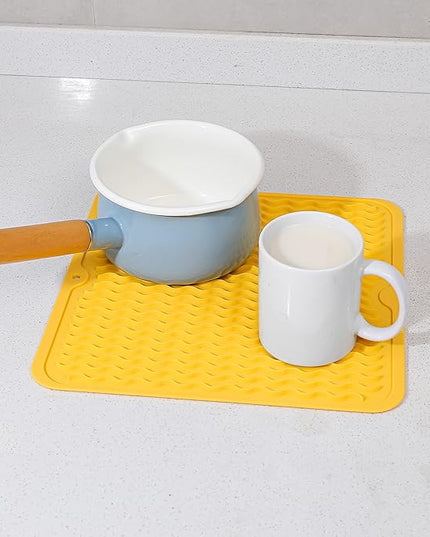 Silicone Dish Drying Mat for Multiple Usage,Easy clean,Eco-friendly,Heat-resistant Silicone Mat for Kitchen Counter or Sink,Refrigerator or Drawer liner Yellow M 12 inches x 12 inches