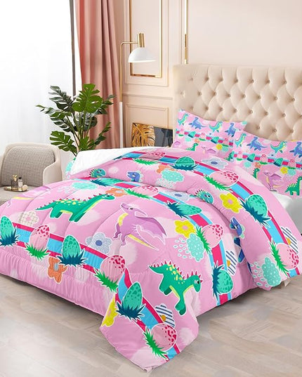 Kawaii Dinosaur Pink Comforter Set,Cartoon Cute Dino 3 Piece Bedding Set Twin for Girl Boy,Kawaii Bedding Quilt Set Dinosaur Decor,Soft Microfiber Lightweight 1 Comforter 2 Pillowcases All Season
