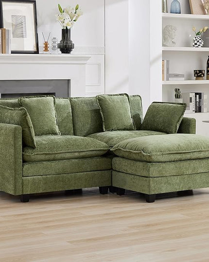 76'' Cloud Deep Seat Loveseat Sofa, Upholstered Chenille Modular 2-Seats Sectional Sofa Couch with Movable Ottoman, Modern Comfy Settee Loveseat for Living Room Set, Small Apartment, Green